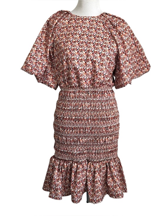 Beulah Dresses & Skirts - Beulah Womens Printed Smocked Puff Sleeve Dress Sz Medium Brown Back Cutout